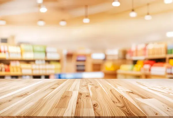 Arkasında çözünmüş bir süpermarket ortamı olan boş ahşap masa, ürün tanıtımı veya reklamı için mükemmel, hacimli ışıklandırma, boyutsal 3 boyutlu aydınlatma