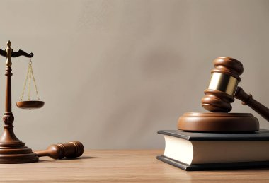 Düzenli bir avukatın masasına yerleştirilmiş ahşap tokmak ve düzgün düzenlenmiş kanun ciltleri ve dengeli adalet terazileriyle çevrili. Metin veya logolar için arka planda belirgin afiş alanı.