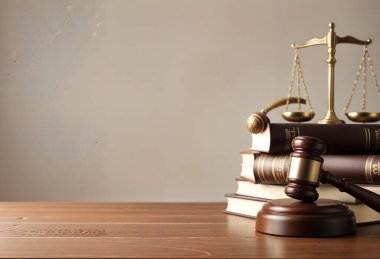 Ahşap bir tokmak ve adalet terazisi ahşap bir masanın üzerindeki hukuk kitaplarının üzerine yerleştirilmiş, yasal otorite ve denge hissi veren, metin ve ek unsurlar için geniş bir kopya alanı sağlayan.