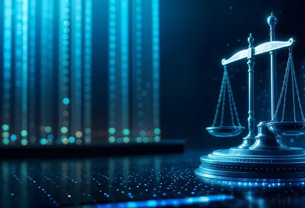 Gelişmiş bir veri altyapısı tarafından havada tutulan görkemli gümüş yasa terazileri, arka planda sıralanmış sunucu kuleleri, modern teknoloji ve veri yönetimi ile hukuki ilkelerin entegrasyonunu sembolize ediyor.