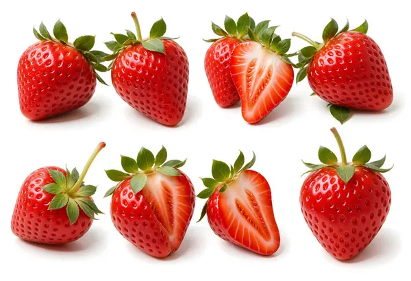 Yeşil yapraklı taze kırmızı çilekler, hem bütün hem de dilimlenmiş çileklerden yakın plan çekimler. Görüntüler canlı kırmızı rengi, sulu dokuyu ve yemyeşil çilekleri yakalıyor..