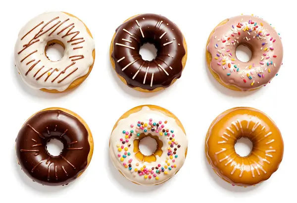 Pürüzsüz beyaz bir arkaplan üzerinde iki sıra halinde sıralanmış altı farklı çöreğin yukarıdan aşağıya bakışı. Türleri, karamel serpiştirilmiş beyaz kremalı donut, parlak çikolata kaplı donut, pembe renkli şekerli donut, sade bir 