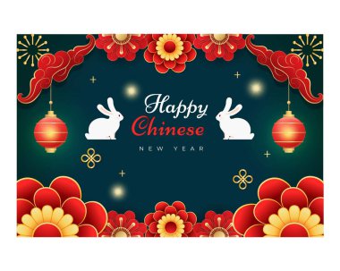 Mutlu Çin yeni yılı 2024 kutlamaları çiçek, fener, Asya unsurları altın kağıt kesim tarzı arka plan.