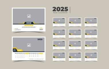 Modern Masa Takvimi Şablonu 2025, Yeni Yıl 2025 masa takvimi, Minimalist masa takvimi 2025 şablon tasarımı. Vektör illüstrasyonu.