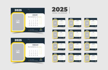 Modern Masa Takvimi Şablonu 2025, Yeni Yıl 2025 masa takvimi, Minimalist masa takvimi 2025 şablon tasarımı. Vektör illüstrasyonu.