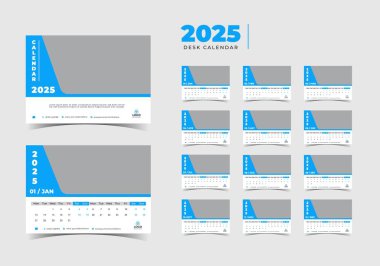 Modern Masa Takvimi Şablonu 2025, Yeni Yıl 2025 masa takvimi, Minimalist masa takvimi 2025 şablon tasarımı. Vektör illüstrasyonu.