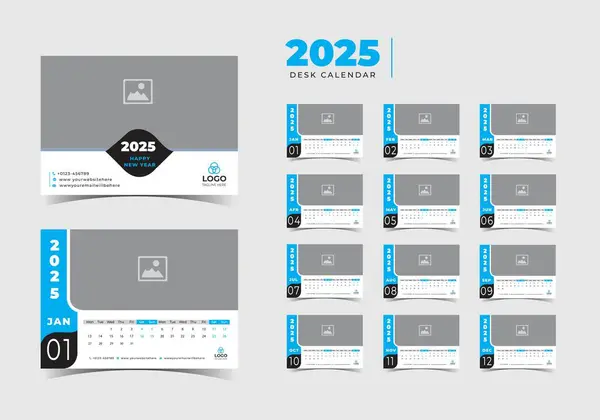 Modern Masa Takvimi Şablonu 2025, Yeni Yıl 2025 masa takvimi, Minimalist masa takvimi 2025 şablon tasarımı. Vektör illüstrasyonu.