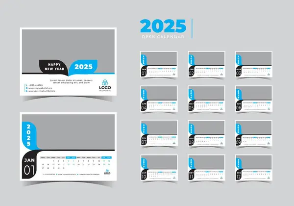 Modern Masa Takvimi Şablonu 2025, Yeni Yıl 2025 masa takvimi, Minimalist masa takvimi 2025 şablon tasarımı. Vektör illüstrasyonu.