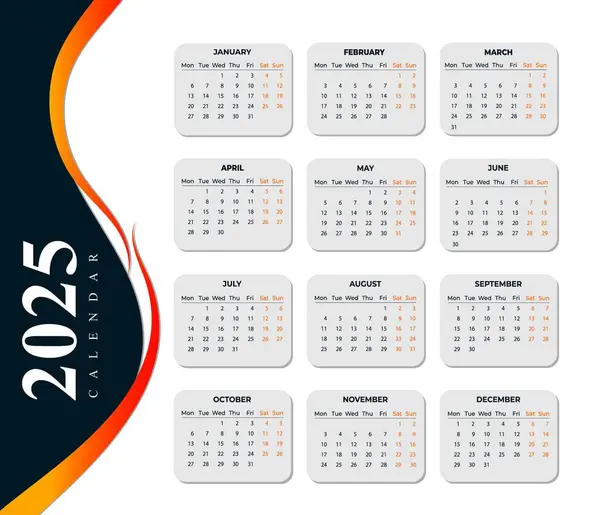 Duvar Takvimi Şablonu 2025, Yeni Yıl 2025 duvar takvimi, Minimalist Duvar Takvimi 2025 şablonu. Vektör illüstrasyonu.