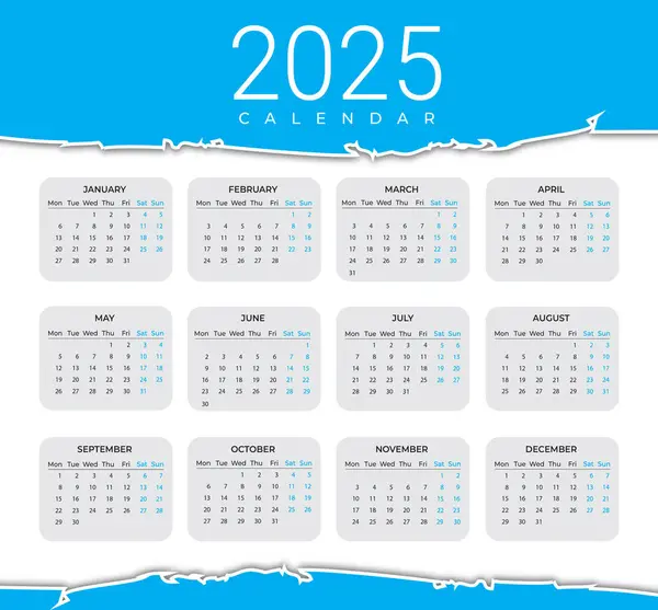 Duvar Takvimi Şablonu 2025, Yeni Yıl 2025 duvar takvimi, Minimalist Duvar Takvimi 2025 şablonu. Vektör illüstrasyonu.