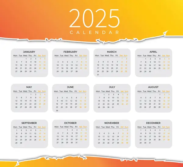 Duvar Takvimi Şablonu 2025, Yeni Yıl 2025 duvar takvimi, Minimalist Duvar Takvimi 2025 şablonu. Vektör illüstrasyonu.