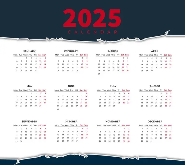 Duvar Takvimi Şablonu 2025, Yeni Yıl 2025 duvar takvimi, Minimalist Duvar Takvimi 2025 şablonu. Vektör illüstrasyonu.