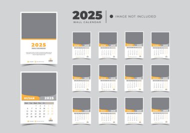 Duvar Takvimi Şablonu 2025, Yeni Yıl 2025 duvar takvimi, Minimalist Duvar Takvimi 2025 şablonu. Vektör illüstrasyonu.