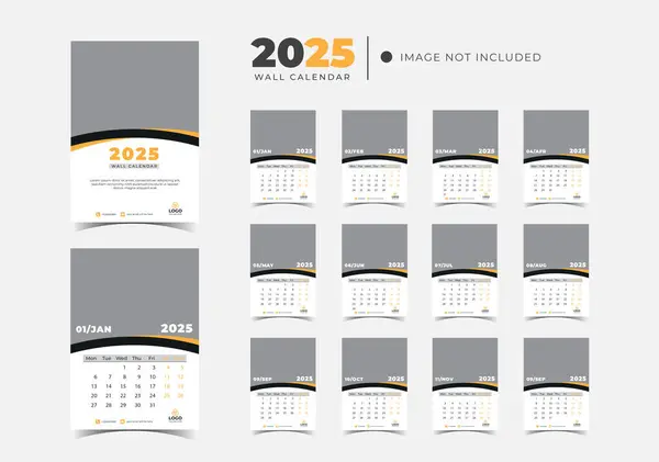 Duvar Takvimi Şablonu 2025, Yeni Yıl 2025 duvar takvimi, Minimalist Duvar Takvimi 2025 şablonu. Vektör illüstrasyonu.