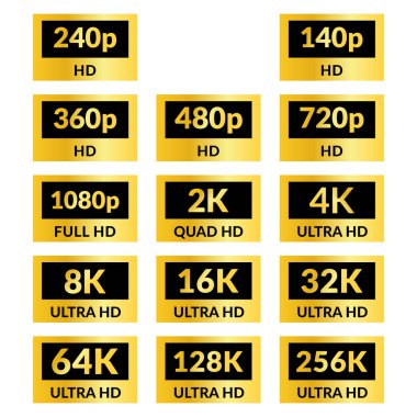 4K 2K 8K 1080p 720p 16K UHD Dörtlü HD Full HD ve HD çözünürlük sunumu siyah arkaplan üzerinde altın ve gümüş gradyan rengi. Televizyon ya da mobil semboller ve farklı renklerdeki simgeler. Vektör illüstrasyonu.
