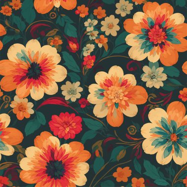 Renkli çiçek desenli arka plan. Düz, soyut, renkli çiçek pint deseni. Parlak renkli çiçek desenli kusursuz çiçek deseni. Renkli çiçek dokusu arkaplanı.