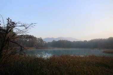 Goshikinuma, Urabandai, Fukushima, Japonya 'daki Bentennuma göleti ve sonbahar yapraklarının sabah manzarası