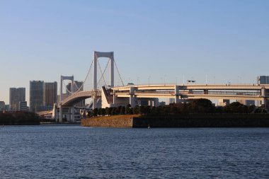 Alacakaranlıktaki Gökkuşağı Köprüsü Tokyo, Japonya 'daki Odaiba Sahil Parkı' ndan görülüyor.