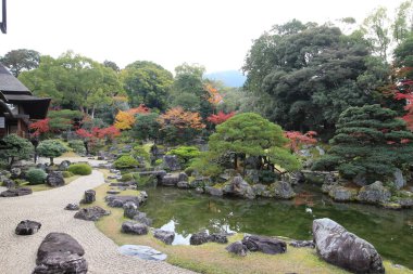 Japon bahçesi ve sonbahar yaprakları Daigoji Tapınağı Sanbo-in, Kyoto, Japonya