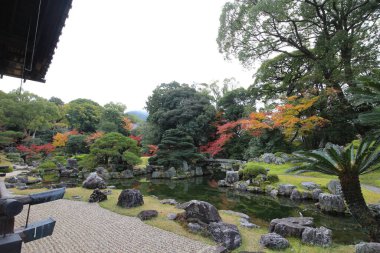 Japon bahçesi ve sonbahar yaprakları Daigoji Tapınağı Sanbo-in, Kyoto, Japonya