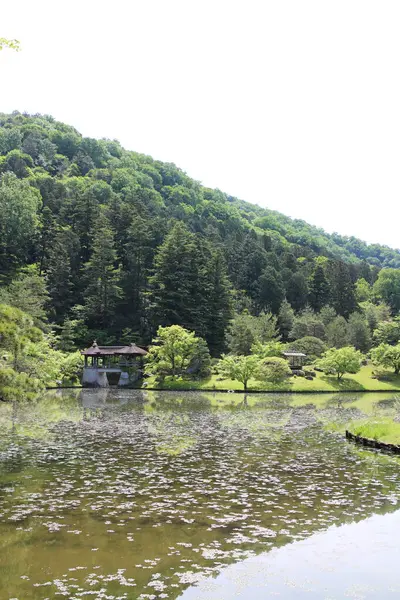 Shugakuin İmparatorluk Konağı 'nda Chitose-bashi Köprüsü ve Yokuryu-chi Göleti, Kyoto, Japonya