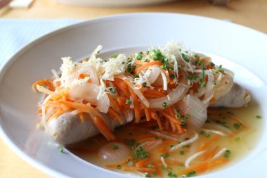 German cuisine: blaue zipfel (sausage stewed in vinegar) in Wurzburg, Germany