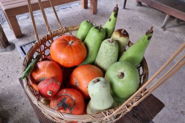 Vegetable basket (melons and pumpkins) in Mukojima-Hyakkaen Garden, Tokyo, Japan clipart