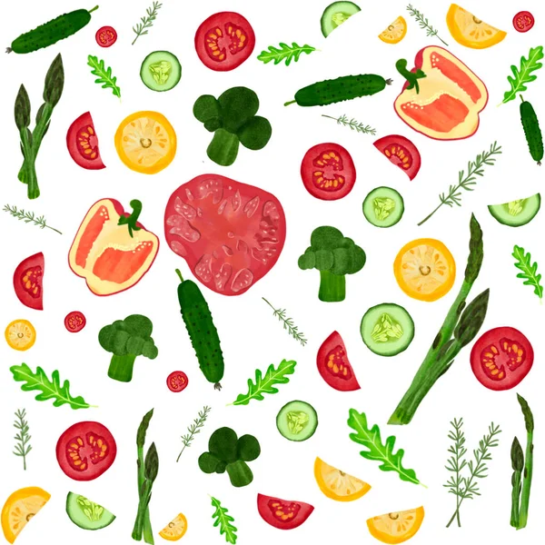 Fresh bright vegetables background for different printing, can be used for printing clothes, bed linen, and kitchen. print backgraund for menu, post card, gift card, cartoon. Hand draw vegetables, slice tomato
