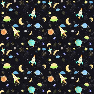 Düz uzay deseni. Astronot, uzay gemisi, roket, ay, kara delik ve uzaydaki yıldızlarla dolu şirin renkli bir şablon. Tekstil, kağıt çocuk, öğrenim ürünleri
