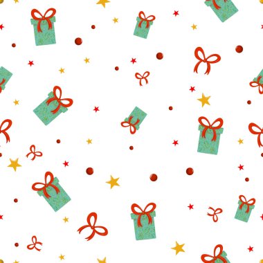 Şimdiki zaman dilimi, altın bezelyeler. Kırmızı fiyonklu bir hediye. Parlak yıldızlar. Yılbaşı tatili. Kağıda, kartlara ve çocuklara yazdırmak için sonsuz baskı. Mutlu yıllar ve mutlu Noeller.