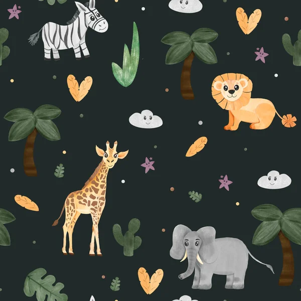 Cute cartoon baby elephant and zebra. Hand draw animals seamless pattern. Print on textile, posters, bed linen for kids. Children zoo characters, baby animals background.