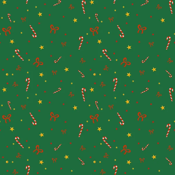Pattern of candy, red bow, golden peas. Bright stars. New Year's holiday Endless print for printing on paper, cards, children's. Happy New Year and Merry Christmas