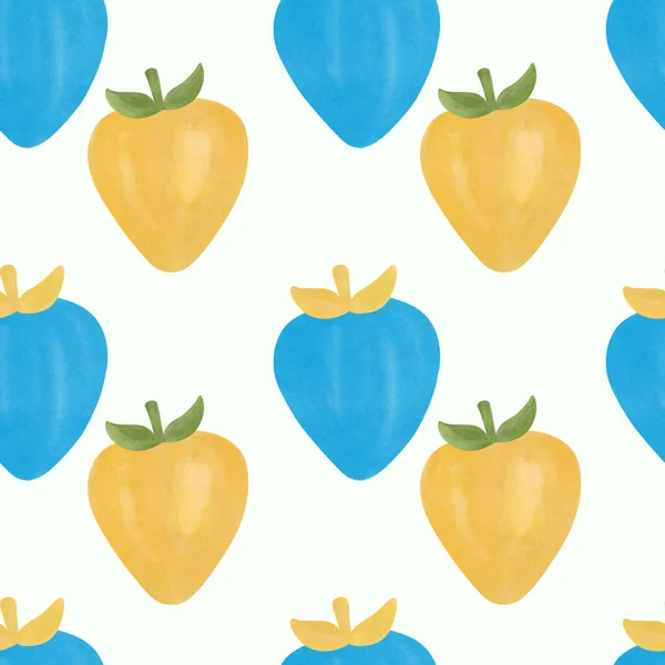 seamless background with fruits.illustration of a set of stickers. Pattern of yellow and blue berry. Assorted Colorful Cartoon Strawberries on a White Background
