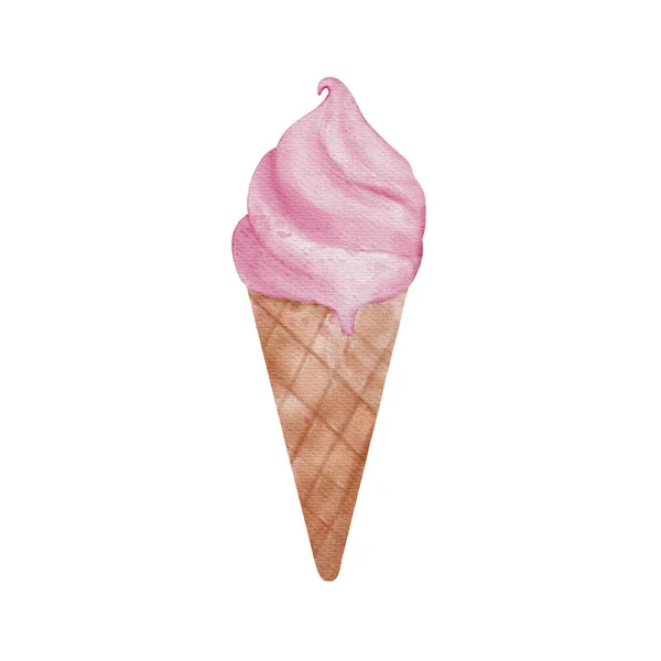 Hand-Painted Watercolor Illustration of a Pink Soft-Serve Ice Cream Cone
