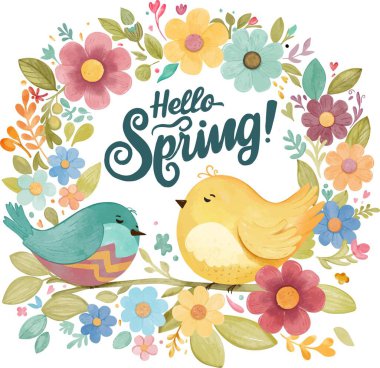 Renkli bir çiçek çelengi arasında sohbet eden iki çekici çizgi film kuşu. Enfes bir illüstrasyonda iki neşeli karikatür kuşu canlı bir çelenkle çevrili dostça bir sohbete girişiyor.