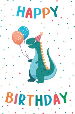 Çocuklar dinozorlar tebrik kartı koyuyor. Şirin dinozorlar ve balonlu doğum günü kartı.