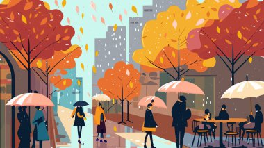 Sokakta yürüyen insanlarla sonbahar şehri manzarası, vektör illüstrasyon arka planı