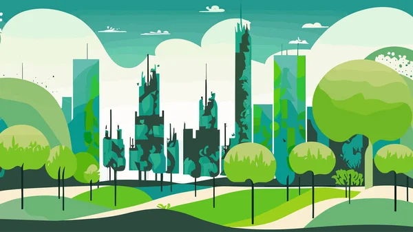 stock vector Green city landscape with skyscrapers and trees. Vector illustration background