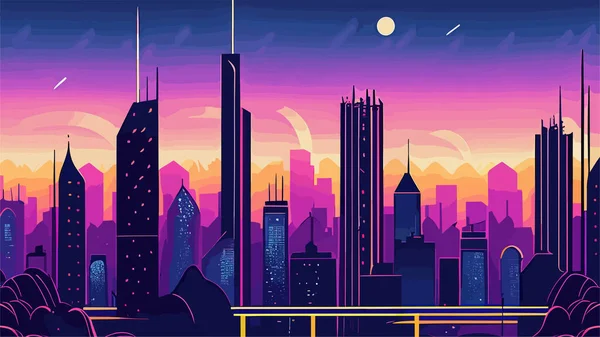 Város Felhőkarcolói Napnyugtakor Vektor Illusztráció Lapos Stílusban — Stock Vector