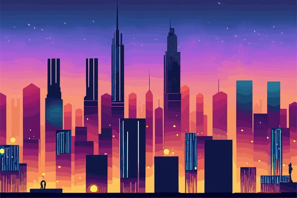 stock vector City skyline with skyscrapers at sunset. Vector illustration in flat style