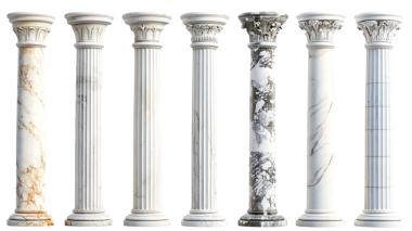 Klasik antika mermer sütun seti. Beyaz dorik kolon. Antik Yunan sütunu. Beyaz arkaplanda ya da şeffaf arkaplanda izole edilmiş