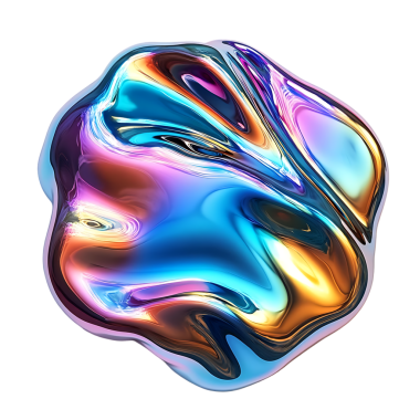 Soyut yanardöner sıvı damlası, üç boyutlu renkli metalik bir şekil.