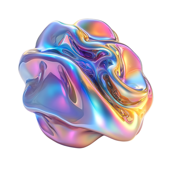 Soyut yanardöner sıvı damlası, üç boyutlu renkli metalik bir şekil.