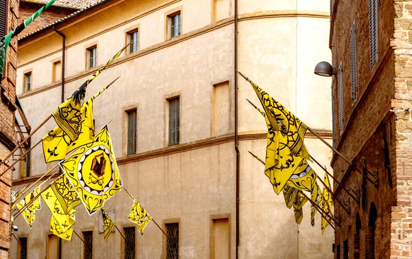 Colorful Banners Hanging Ancient Stone Buildings Traditional Palio Citta Della — Stock Photo, Image