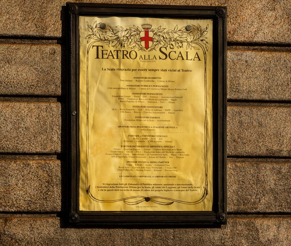 MILAN 07-25-2020: characteristic playbill of the world-famous La Scala Theater in Milan with the original graphic featuring the city's coat of arms