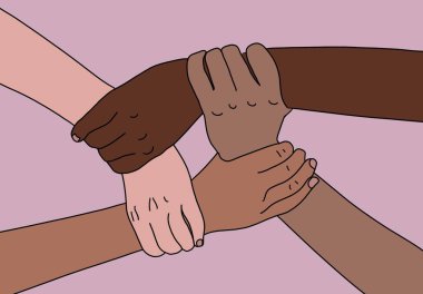 4 people holding hands. Illustrative image of the concept support, diversity, and equity clipart