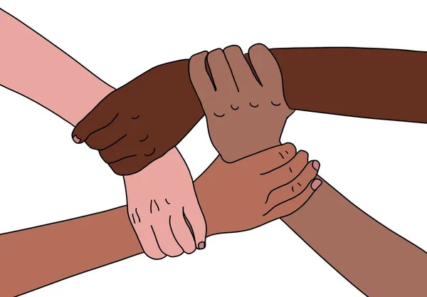 Čtyři Lidé Drží Ruce Ilustrativní Obraz Koncepční Podpory Rozmanitosti Spravedlnosti — Stock fotografie