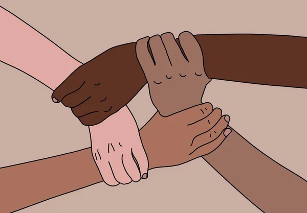 Čtyři Lidé Drží Ruce Ilustrativní Obraz Koncepční Podpory Rozmanitosti Spravedlnosti — Stock fotografie