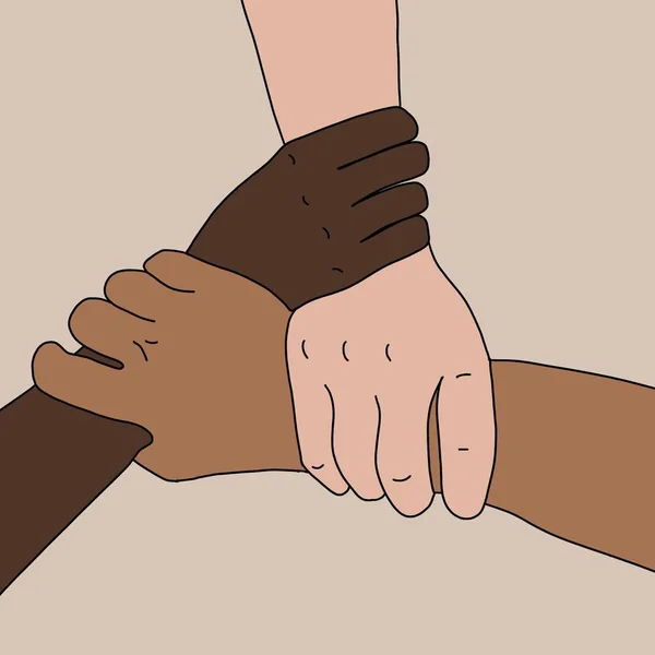 Три Человека Держатся Руки Иллюстративный Имидж Концепции Поддержки Разнообразия Справедливости — стоковое фото