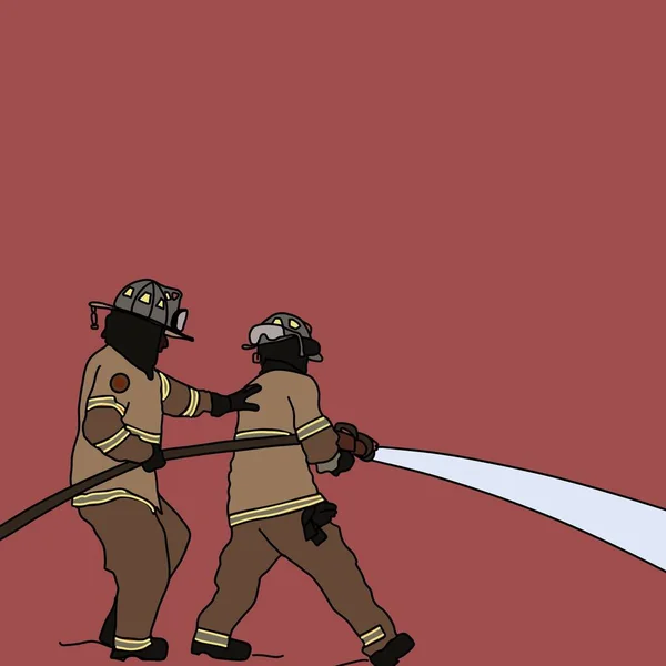 Два Пожарных Работающие Красном Фоне — стоковое фото